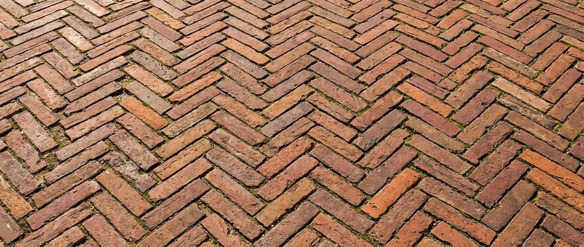 Close-up view of a weathered brick pathway laid in a herringbone pattern.