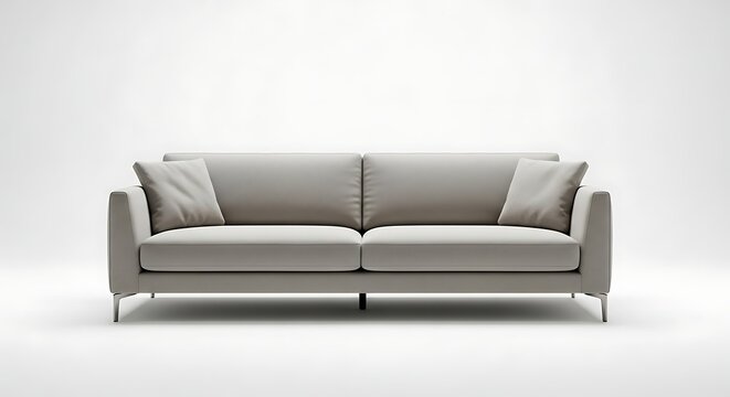 Modern Minimalist Gray Sofa in White Room.