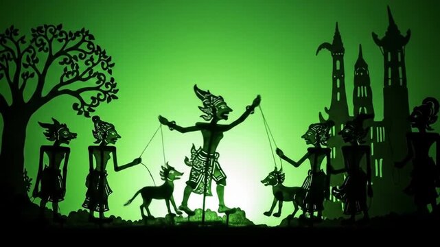 Traditional Thai Shadow Puppet Show Nang Yai with Green Backlight and Intricate Characters.