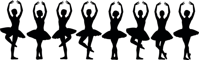 Row of eight black ballet dancer silhouettes wearing tutus in graceful classical poses, performing together isolated on white background, dance. © Zakir