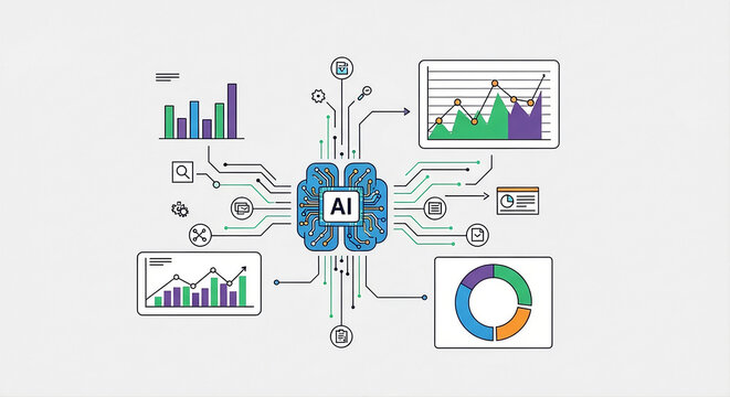 Flat vector illustration of artificial intelligence analyzing business data with charts, graphs, and dashboards. Concept of AI-powered analytics, data visualization, and business intelligence.