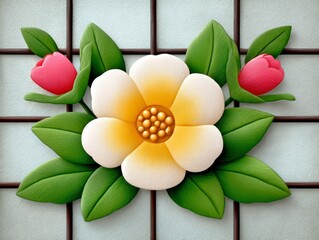 Textured Yellow White Flower With Pink Buds And Green Leaves On A Frosted Window Background