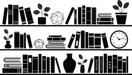 Black Silhouette Bookshelves with Decorative Items on White Background untitled illustration © Shakila
