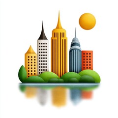 Cityscape With Tall Buildings And A Bright Sun Reflected In Water Against White Background