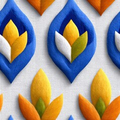 Abstract Floral Pattern in Blue Orange and Yellow with Textured Background