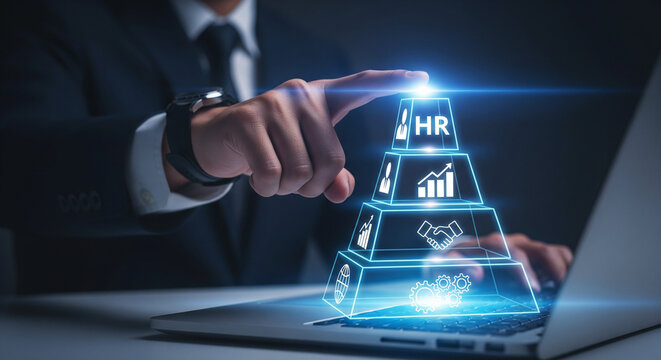 Businessman interacting with glowing hr pyramid on laptop representing human resources management and analytics