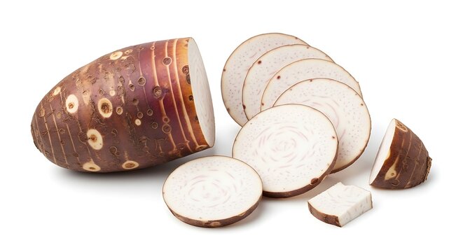 Taro Root Slices on White Background.