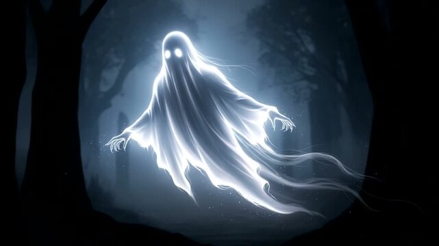 Ethereal ghost figure floating in a dark spooky forest at night.