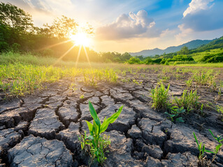 A dry cracked earth landscape under a blazing sun