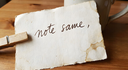 A rustic wooden clothespin gently holds a piece of aged, rough-edged paper with the handwritten...