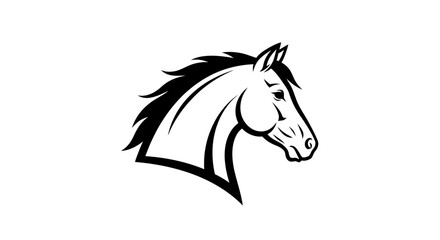 Black and white illustration of a horse's head in profile, featuring a stylized and strong equine design perfect for a mascot or logo.