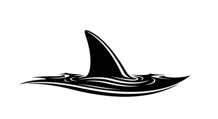 Fototapeta premium A black silhouette of a shark fin breaking the surface of the water, creating ripples.