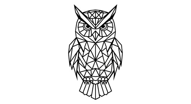 Geometric owl illustration in black and white, featuring a polygonal design, line art, and abstract animal form.