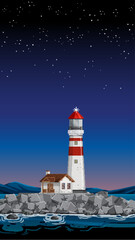 Fototapeta premium Red and White Lighthouse on Rocky Shore Under Starry Night Sky