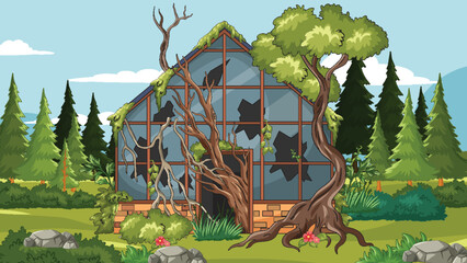 Abandoned Greenhouse Overtaken by Trees in Forest