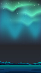 Vertical Vector Illustration of Green Aurora Borealis Over Dark Night Mountains