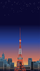 Red and White Communications Tower Over City Skyline at Night
