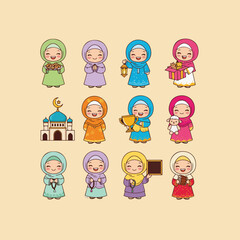 Adorable Muslim Girls Character Set with Islamic Motifs