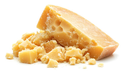 A wedge of parmesan cheese with crumbled pieces isolated on white background