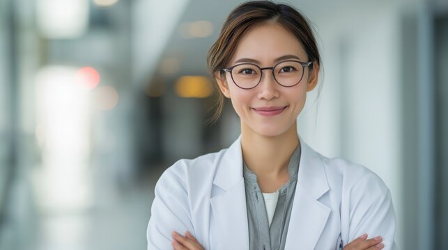Professional Japanese female haircare scientist in white lab coat.