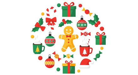 A festive circular arrangement of Christmas-themed icons including gingerbread man, gifts, ornaments, candy canes, and hot chocolate mugs.