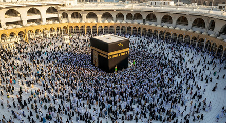A large crowd of pilgrims gathers around the Kaaba in Mecca © Maker