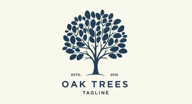 A stylized illustration of a dark blue oak tree with a full canopy of leaves, set against a cream background, with the text "OAK TREES" and "TAGLINE" below.