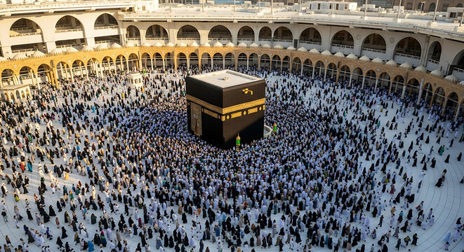 A large crowd of pilgrims gathers around the Kaaba in Mecca