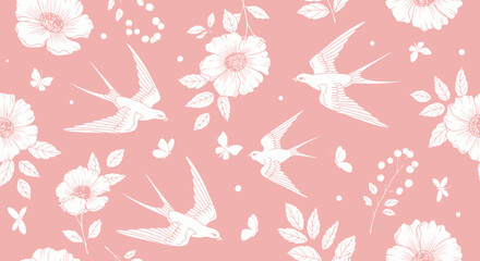 A delicate seamless pattern featuring white swallows, blooming flowers, and butterflies on a soft pink background, evoking a spring or vintage feel. © nabila