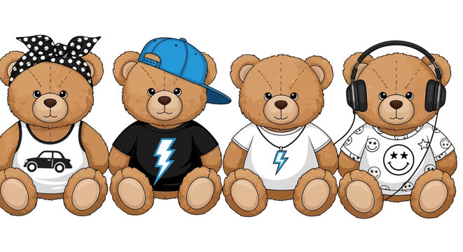 Four adorable teddy bears dressed in trendy outfits, each with a unique style and accessories.