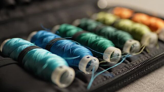 Assorted colorful thread spools crafting supplies sewing hobby creative textile project