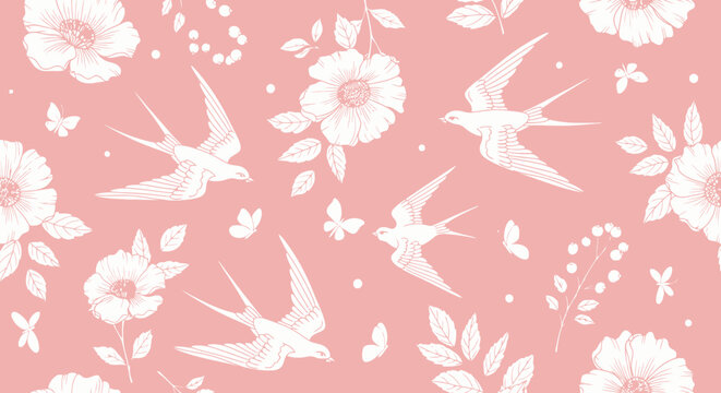 A delicate seamless pattern featuring white swallows, blooming flowers, and butterflies on a soft pink background, evoking a spring or vintage feel.