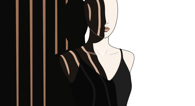 A minimalist illustration of a woman's face and torso partially obscured by strong vertical shadows, creating a high-contrast, abstract effect.