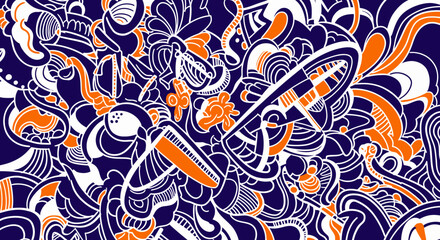 Naklejka premium Vibrant abstract illustration of guitar, music, art, creativity, and sound in a dynamic swirling pattern