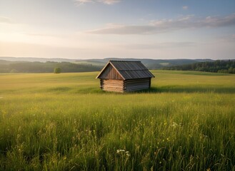 Rustic wooden hut standing alone in a wide green field at golden hour. Perfect for rural landscape themes, peaceful nature backgrounds, and countryside travel visuals.