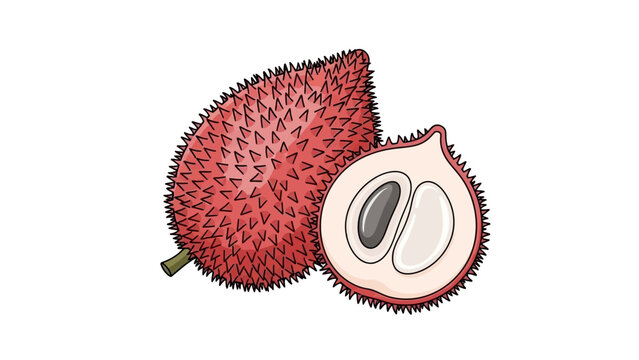 Vibrant cartoon illustration of a whole and halved exotic gac fruit with seeds on a white background