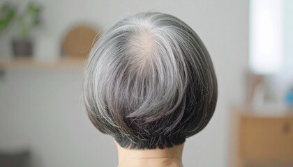 薄くなった頭皮と白髪が目立つシニア女性の後ろ姿　薄毛の悩み　高齢者