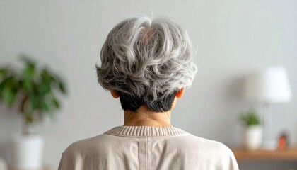 薄くなった頭皮と白髪が目立つシニア女性の後ろ姿　薄毛の悩み　高齢者