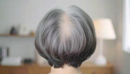 薄くなった頭皮と白髪が目立つシニア女性の後ろ姿　薄毛の悩み　高齢者