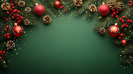 Festive Christmas Garland Border With Ornaments On Green Background  