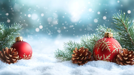 Festive Christmas Ornaments And Pine Cones On Snowy Ground  