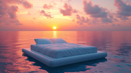 Floating Bed Resting On Calm Ocean At Golden Sunset  
