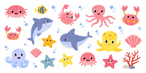 Cute cartoon sea creatures and marine life illustrations on a white background © Rathindranath