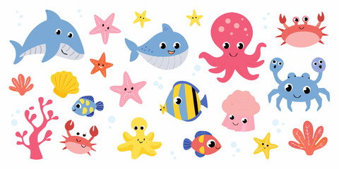 Cute cartoon sea creatures and ocean elements scattered on a white background © Rathindranath