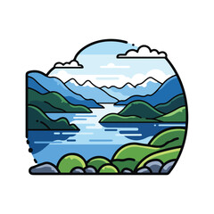 Fototapeta premium A serene mountain lake landscape with lush greenery