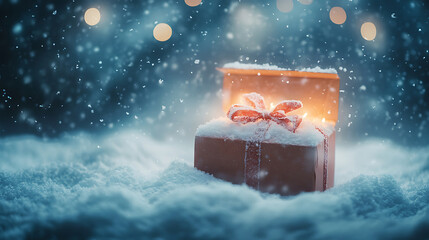 Magical Glowing Christmas Gift Box In Snowy Winter Wonderland  