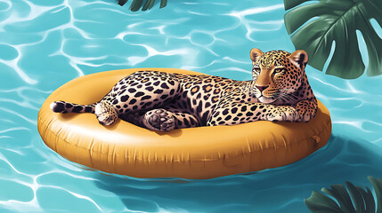 Leopard Relaxing On Inflatable Ring In Pool With Tropical Leaves  