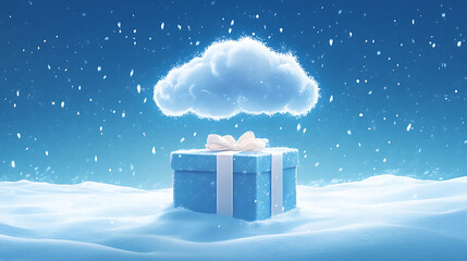 Magical Winter Gift Box Beneath A Floating Snow Cloud  