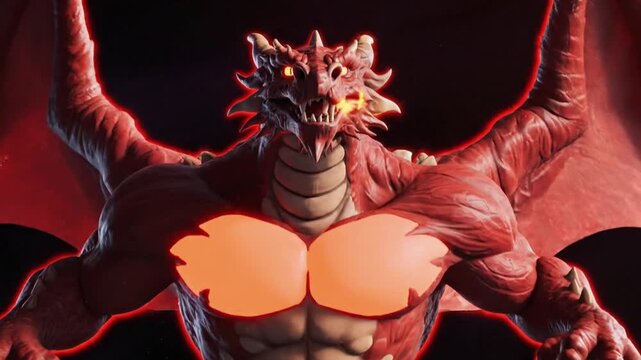 A cartoon red dragon monster standing in a dark environment with a menacing posture and glowing eyes