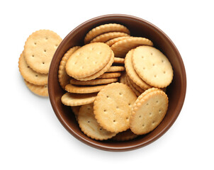 Bowl with tasty crackers isolated on white background, closeup